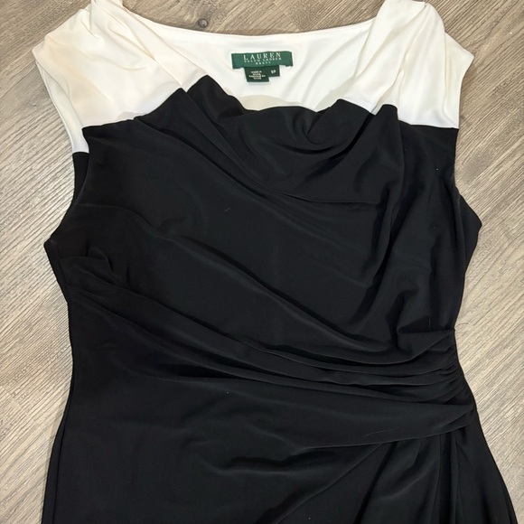 Lauren Ralph Lauren Ruched Sleeveless Dress Black White Size 8P Classic Stretch - Picture 10 of 13